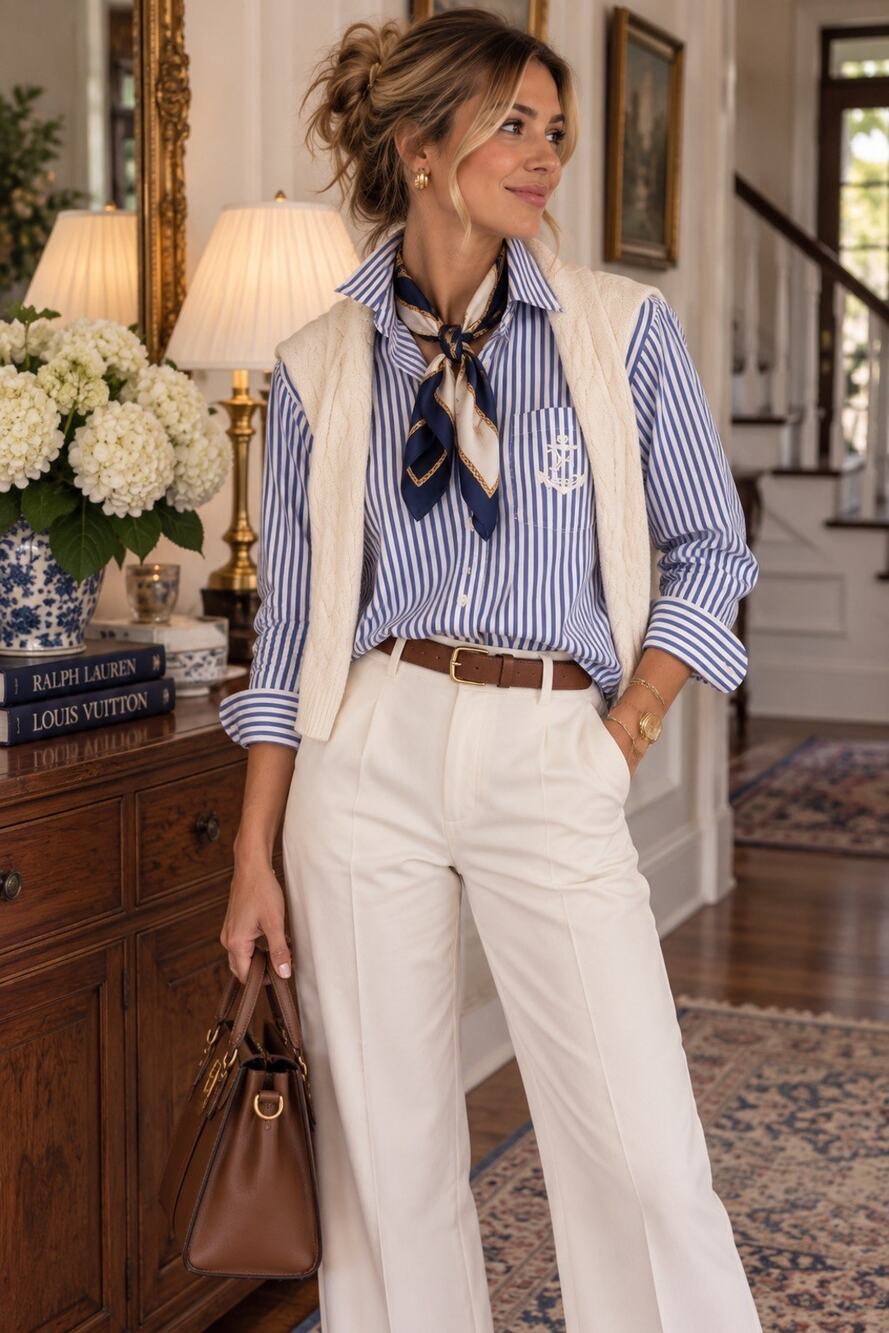 Lauren Ralph Lauren Dress Shirt women M Classic Fit Blue White Stripe